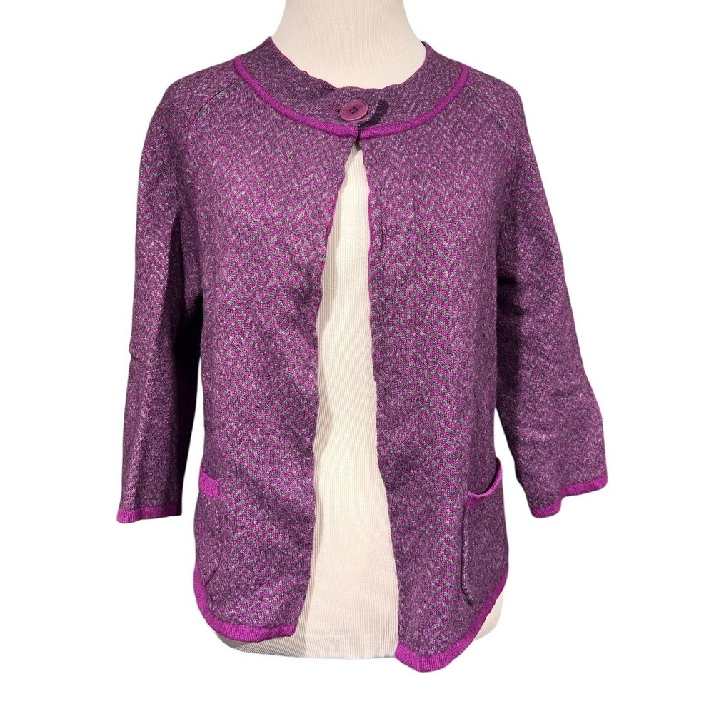 Talbots Petite L Cardigan Sweater Magenta Gray Chevron Button Collar 3/4 Sleeve